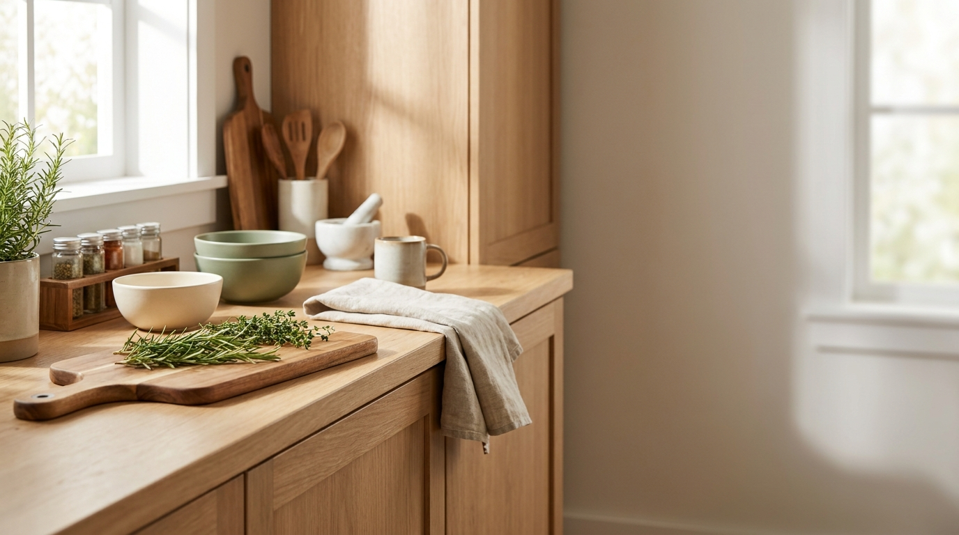 Warm wood-toned kitchen counter with rosemary, ceramic bowls, and a mortar and pestle, representing Bramblewood Kitchen Co.
