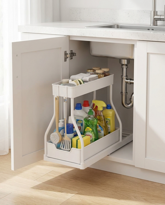Pull-out 2-tier organizer installed under a modern kitchen sink