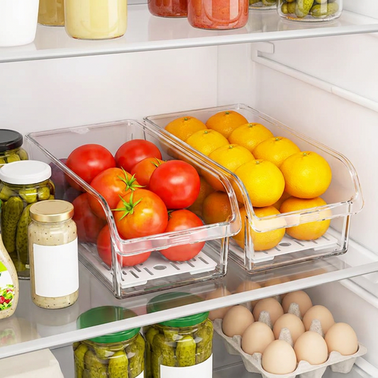 Clear Stackable Fridge Storage Bin in use