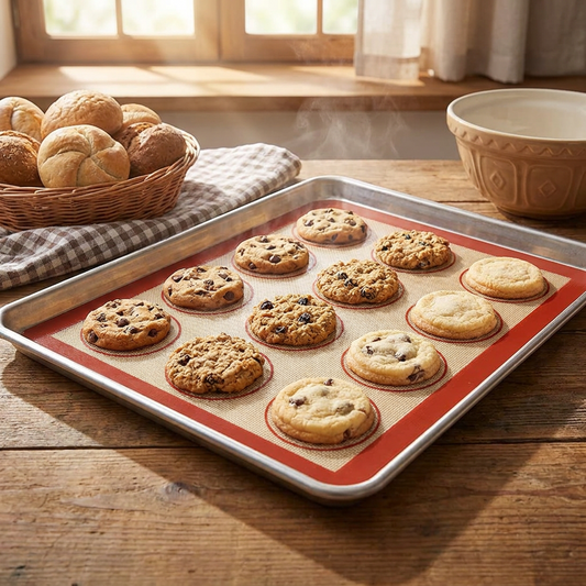 Silicone Baking Mat Set lining baking sheet with cookies