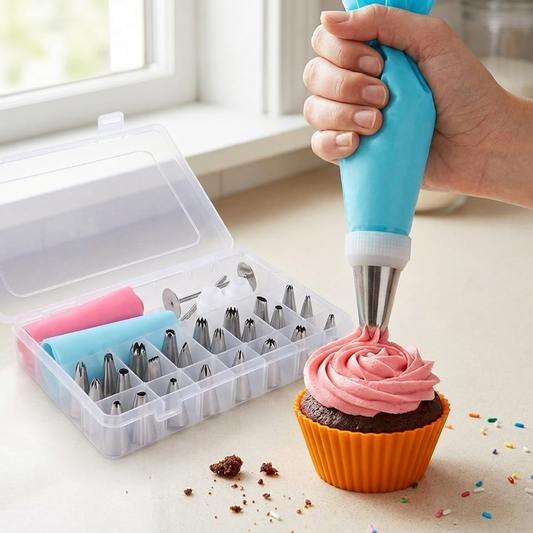 Cake Decorating Piping Nozzle and Icing Bag Set decorating a cupcake