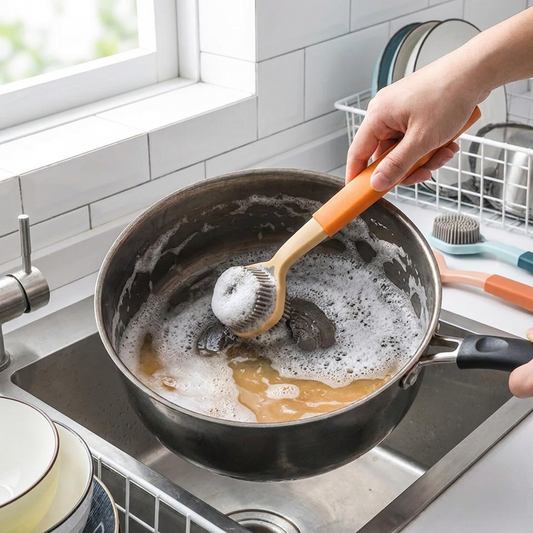 Silicone Dish Washing Brush scrubbing a pot